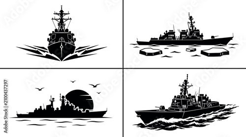 Konstfotografi Set of four black and white silhouettes of naval warships and cruisers in differ