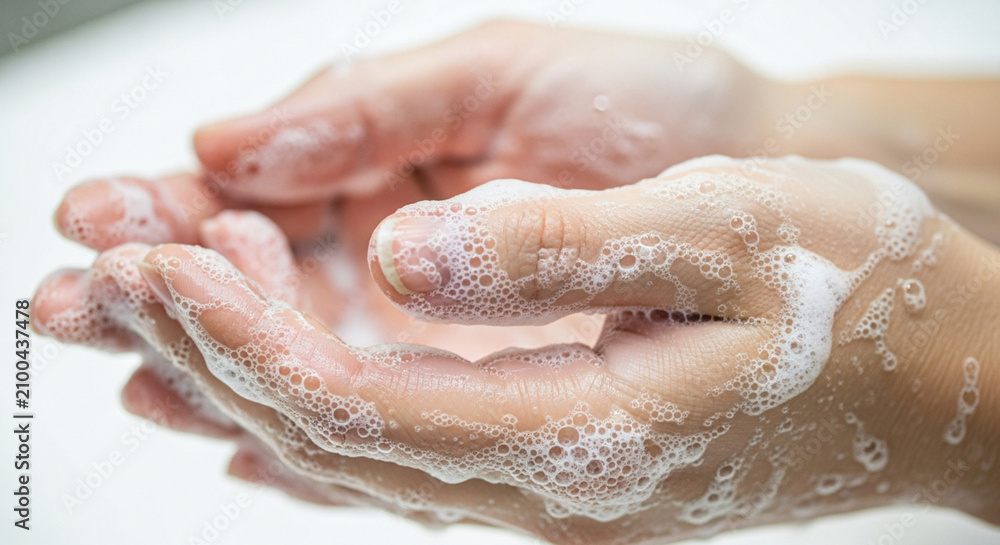 Fototapeta premium Close-up of hands being washed with soap and water, creating rich lather and bubbles.