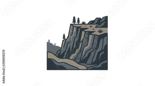Canvas Print Gray rocky cliff with pine trees.