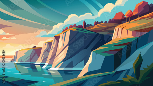 Foto Coastal cliff landscape overlooking ocean during sunset with landscape shoreline