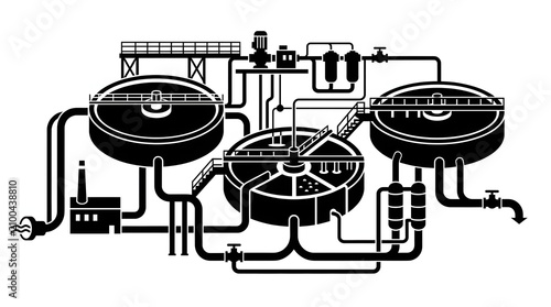 Industrial wastewater treatment plant diagram black and white illustration