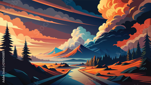Foto Dramatic volcanic eruption in mountainous landscape with eruption mountain lands