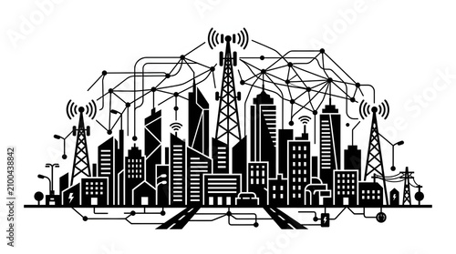 Smart city network illustration connected urban landscape with wireless communication towers