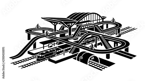 Isometric railway station illustration with pedestrians and bicycle paths