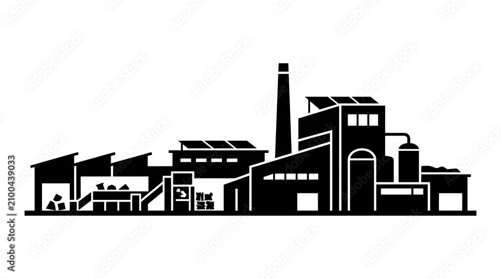Obraz premium Industrial complex silhouette factory buildings and smokestack illustration