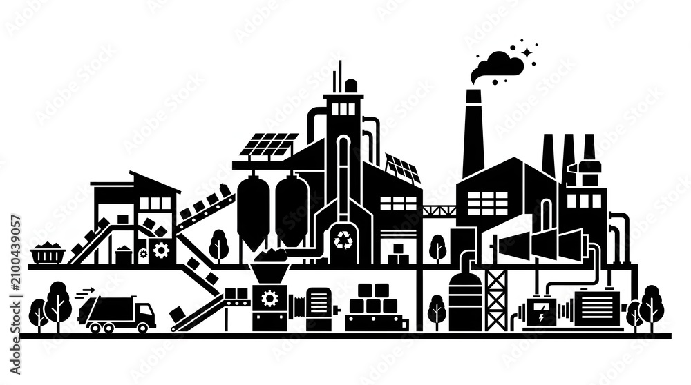 Obraz premium Industrial complex with renewable energy sources black and white illustration