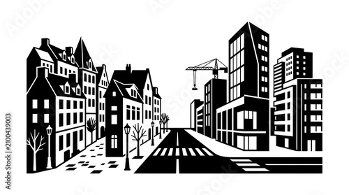 Modern cityscape illustration with construction crane black and white design