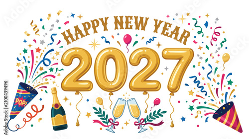 Happy New Year 2027 Celebration Banner with Golden Balloon Numbers, Confetti Champagne, and Party Decorations