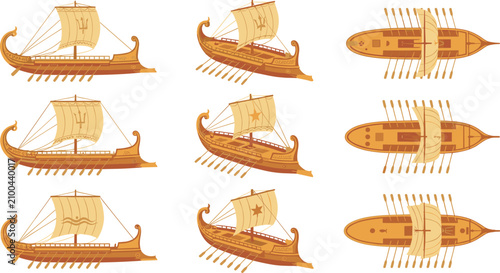 Set of Ancient Greek Trireme Warship Icons Featuring Side, Isometric, and Top Views with Sails and Oars