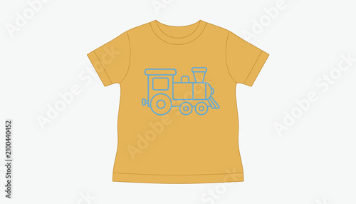 Casual mustard yellow t-shirt for children featuring a simple blue line drawing of a toy train in the center on white background.