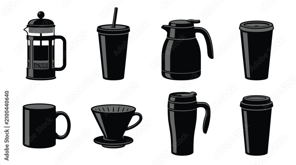 Obraz premium Collection of black vector coffee equipment icons displayed as a set of flat graphic design elements