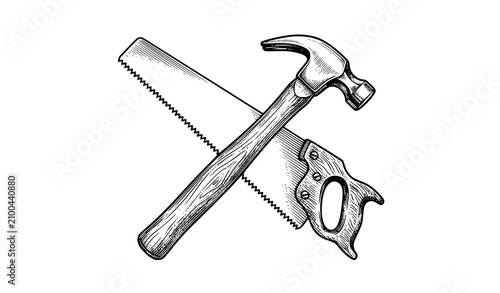 Foto Vintage Crossed Hammer and Hand Saw Woodworking Tools Sketch Vector Illustration
