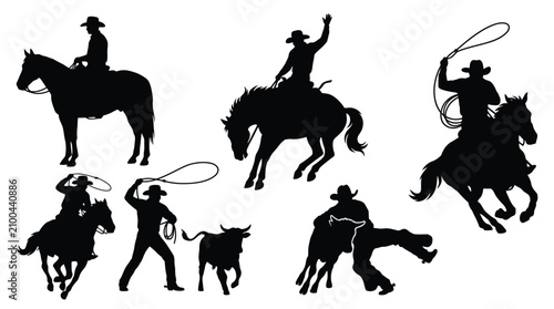 Detailed black vector illustration set of cowboys performing various traditional rodeo activities and horse riding skills