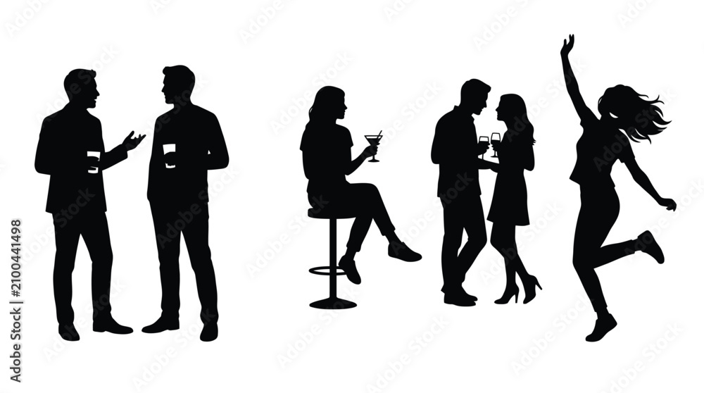 Fototapeta premium Black vector graphic illustration showing various silhouettes of happy people socializing at a vibrant party event