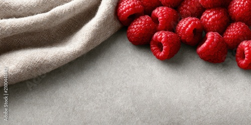 Fresh ripe raspberries arranged with rustic linen fabric on grey concrete surface backdrop for food photography concept