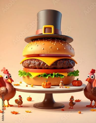 Cartoon cheeseburger with hat autumn table scene festive food character playful chicken pumpkin decoration burger illustration cute animal cheese