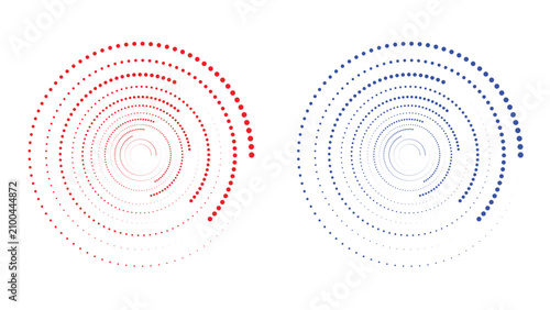 Halftone circle spiral set, vector dot pattern vortex in red and blue color isolated on transparent background, abstract design elements for technology, science, and music concept, EPS10