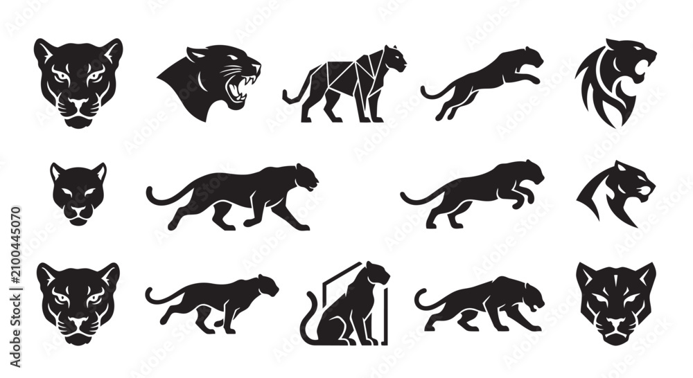 Fototapeta premium Set of black panther silhouettes in various dynamic poses and head profiles with big cat, design element