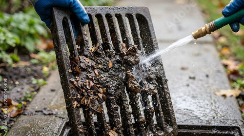 Person cleaning a dirty metal drain grate with a high pressure water hose to remove mud and autumn leaves, home maintenance outdoor task for preventing drainage clogs and basement flooding.