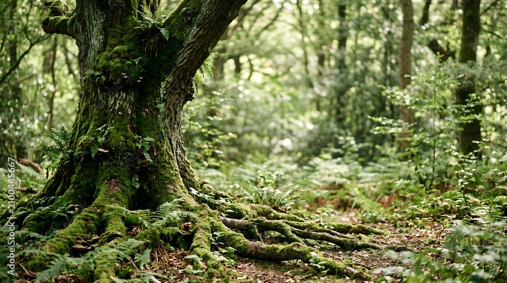 Obraz premium Old mossy tree trunk with spreading roots in a lush green forest