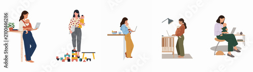 Set of illustrations showing working mothers multitasking by caring for their babies while working on laptops in various home settings.