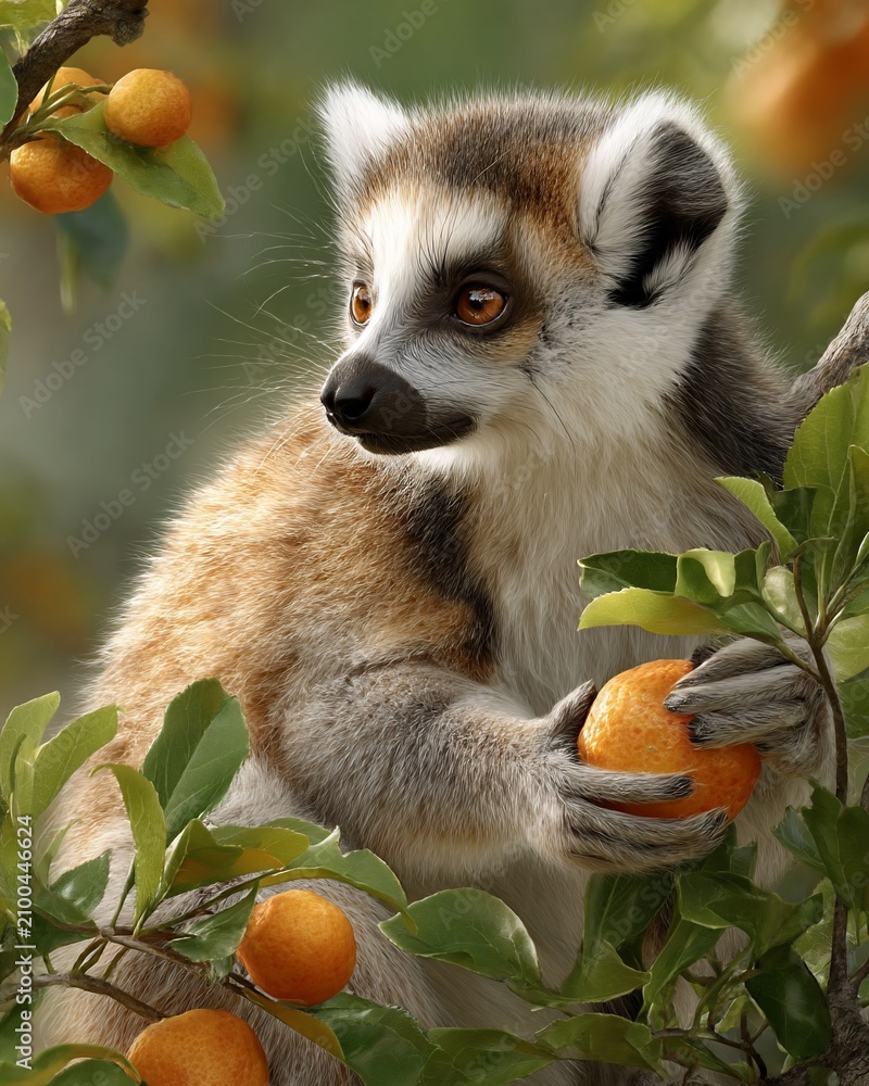 Fototapeta premium Ring-tailed lemur enjoying an orange in a lush tree.