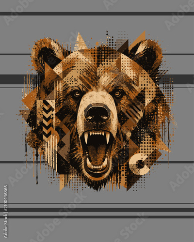Roaring bear head in modern graphic vector style. Powerful and aggressive wildlife illustration with geometric shapes, halftone patterns, brush strokes and contemporary street art elements.