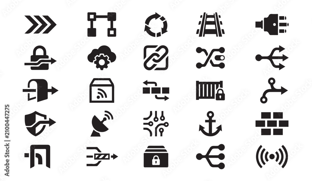 Fototapeta premium Flat black computing technology and data transfer icons collection with transfer