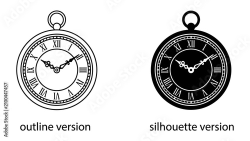 фотографія Vintage Timepiece Duo: A classic pocket watch presented in both outline and silhouette forms, showcasing its Roman numeral dial and elegant hands, representing timeless design and classic style