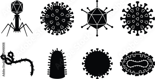 Foto Black silhouette virus morphology icons including bacteriophage, coronavirus, ic