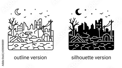 Quadro su tela Post-Apocalyptic Cityscape: Two stylized illustrations depict a desolate urban landscape in ruins, under a crescent moon and starry sky, reflecting destruction and decay