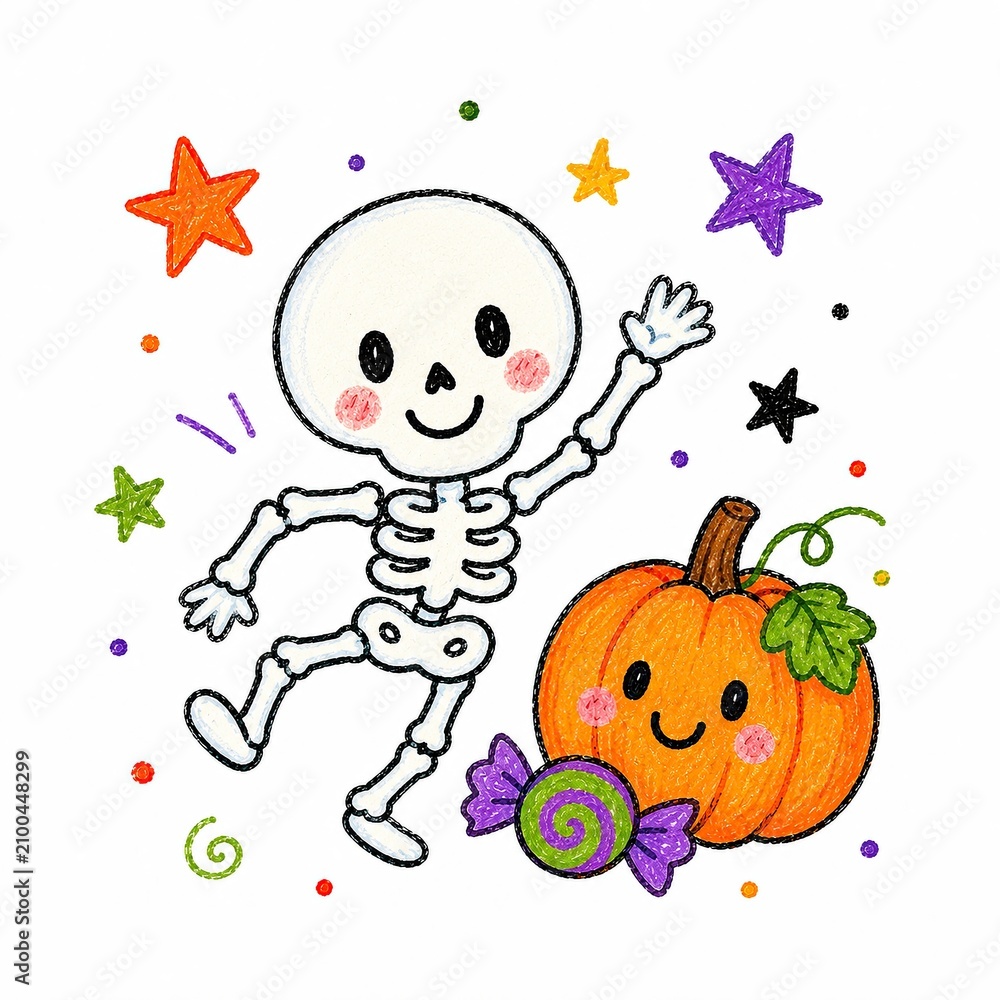 Naklejka premium A cheerful skeleton dances beside a smiling pumpkin, surrounded by colorful stars and candies, perfect for Halloween.