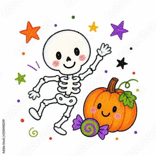 A cheerful skeleton dances beside a smiling pumpkin, surrounded by colorful stars and candies, perfect for Halloween.