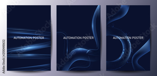 Abstract Dark Blue Technology Backgrounds with Futuristic Light Lines and 3D Curve Shapes for Automation Posters