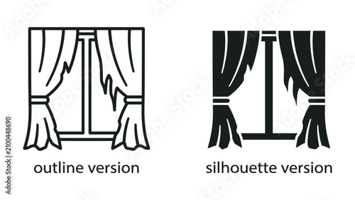 Bild auf Leinwand Window with Curtains Outline and Silhouette: Two icons representing a window with curtains, one in outline style and the other in silhouette, ideal for design elements or symbols