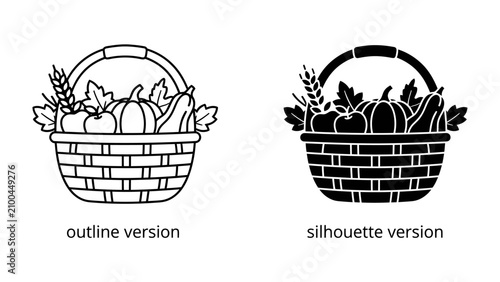 Foto Harvest Basket Icons: A charming wicker basket filled with autumnal bounty, showcasing pumpkins, squash, and wheat stalks, presented in both outline and silhouette versions for versatile design use