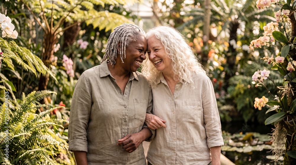 Fototapeta premium senior couple women love lesbian relationship garden happiness retirement lgbtq Affectionate older female partners walk arm in arm among flowers expressing pride companionship joy and authentic aging
