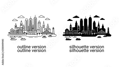 Foto Cityscape Outline and Silhouette: A stylized depiction of a modern cityscape featuring a collection of buildings and structures, presented in both an outline and a silhouette format