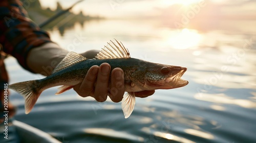 Fisherman holds fish in hand while standing by calm waters at sunset in a fishing location