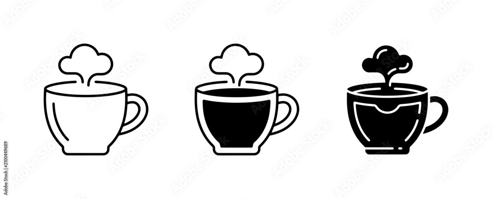 Fototapeta premium Hot Beverage Icons: Steaming Coffee Cup Vector Set, Warm Drink Graphics, Morning Refreshment Symbols