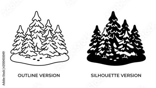 Quadro su tela Pine Forest Duo: A pair of stylized pine trees, one an outline drawing and the other a solid silhouette, showcasing artistic versatility for design