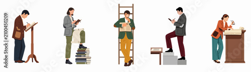 Bild auf Leinwand Flat illustration set of diverse researchers and scholars engaged in academic study, archival work, and information gathering on a white background