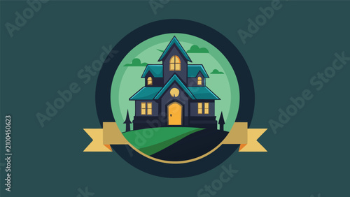 Foto Haunted house emblem with glowing and decorative ribbon halloween building archi