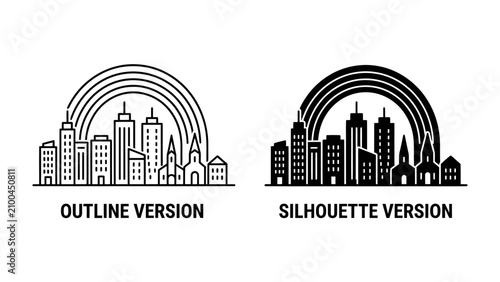 фотографія Cityscape with Rainbow: A stylized representation of a modern cityscape with a vibrant rainbow arching gracefully over the buildings, depicted in both outline and silhouette versions