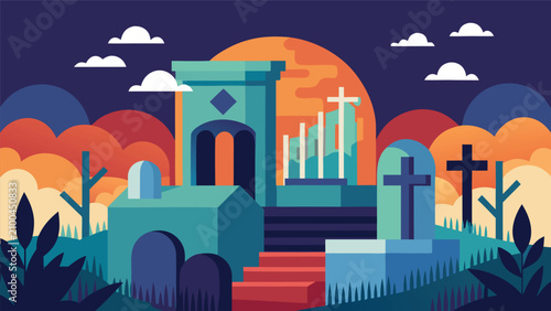 Canvastavla Halloween graveyard scene with tombstones and crosses at sunset graveyard cemete