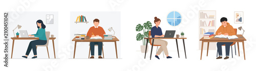 A set of 2 simple flat vector illustrations showing a person working on a laptop and another person studying with books, clean geometric shapes, no outline, no gradient, flat colors, white background,