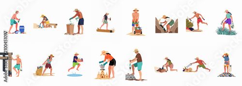 Fotografía A collection of diverse people cleaning up glass bottles and trash from the beach to promote environmental conservation and marine protection