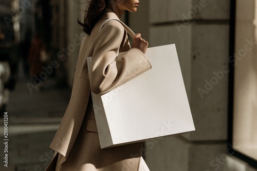 Minimalist urban fashion editorial in city setting with structured coat and luxury paper bag