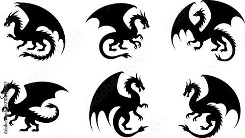 Billede på lærred Collection of six different dragon silhouettes on white background