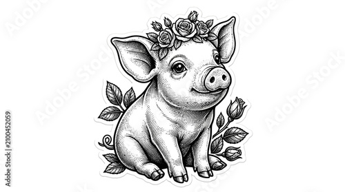 Schilderij op canvas Cute Piglet with Flower Crown.